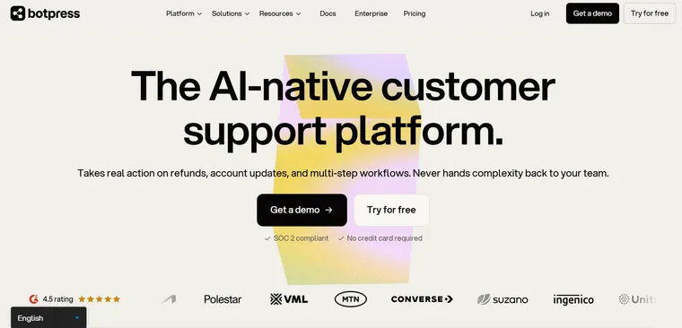 Botpress homepage with the headline The AI native customer support platform