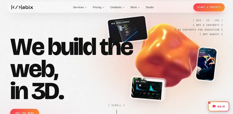 Habix Corp homepage with the headline We build the web, in 3D, and an Ask AI chat button