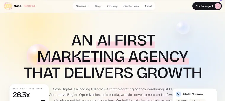 Sash Digital homepage with the headline An AI first marketing agency that delivers growth
