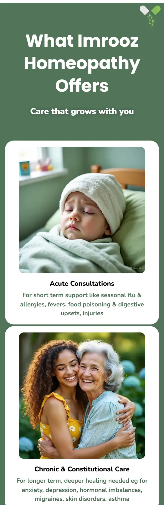 Imrooz Homeopathy service grid with Acute Consultations and Chronic and Constitutional Care cards