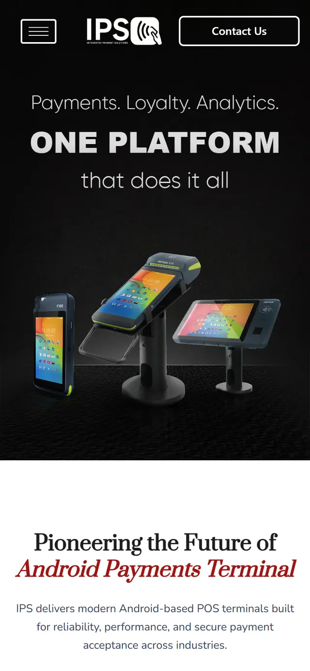 IPS Pakistan website homepage showing POS software solutions and terminal range on mobile
