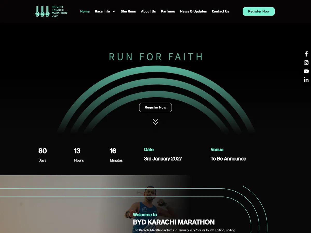 Karachi Marathon website homepage with race day photography and registration button