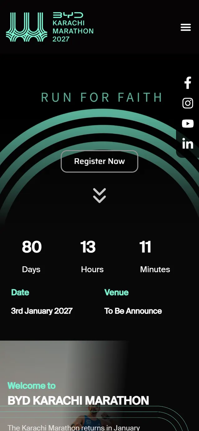Karachi Marathon homepage on mobile with the Run for Faith hero and race countdown